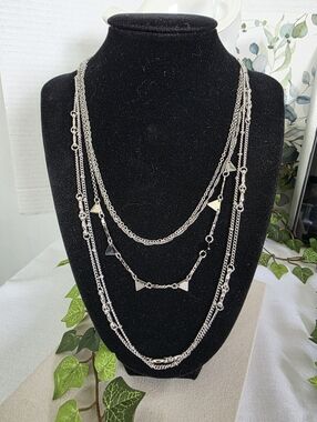 Silver Rhodium Plate Cascading Multi Chain Necklace